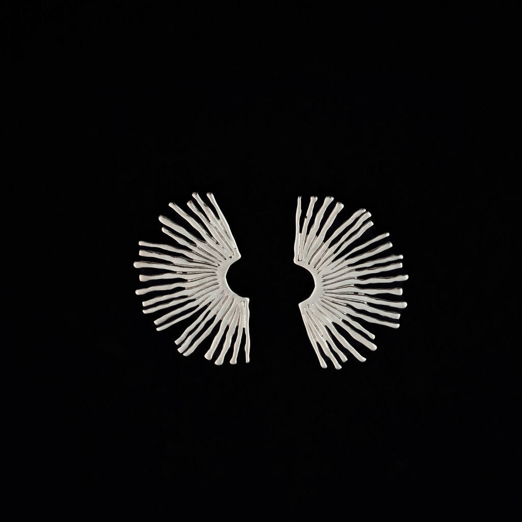 over size stud stainless steel fan earring silver