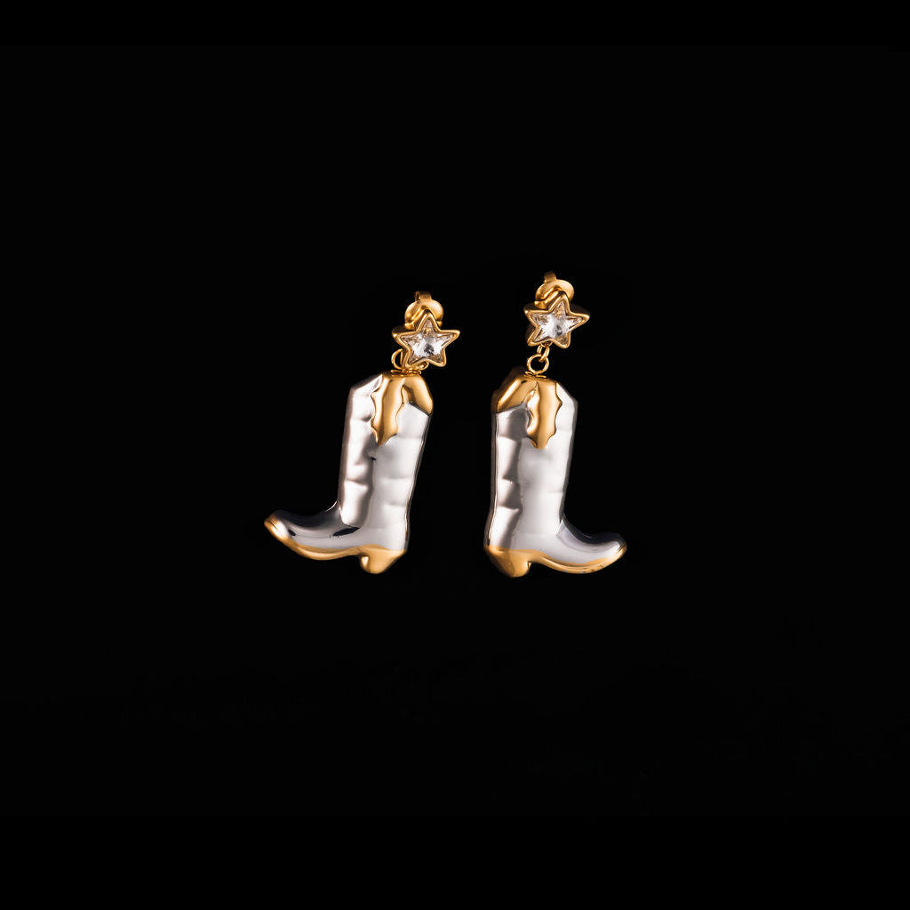  2-inch gold cowboy boot dangle earrings with star detail and mixed metal design