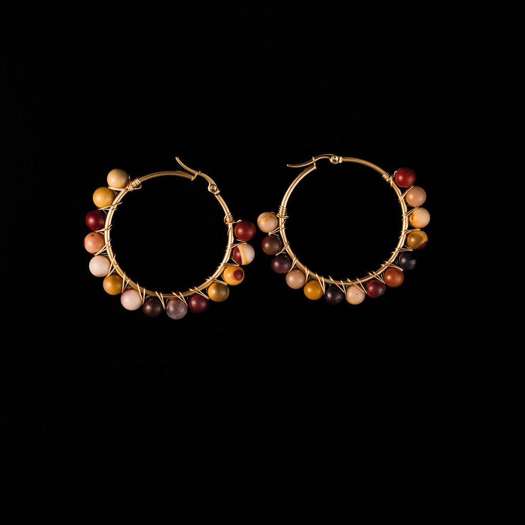  2-inch gold hoop earrings with wire-wrapped amber mookaite beads
