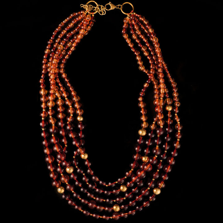 Multi-strand amber beaded necklace with gold chain, 20 inches