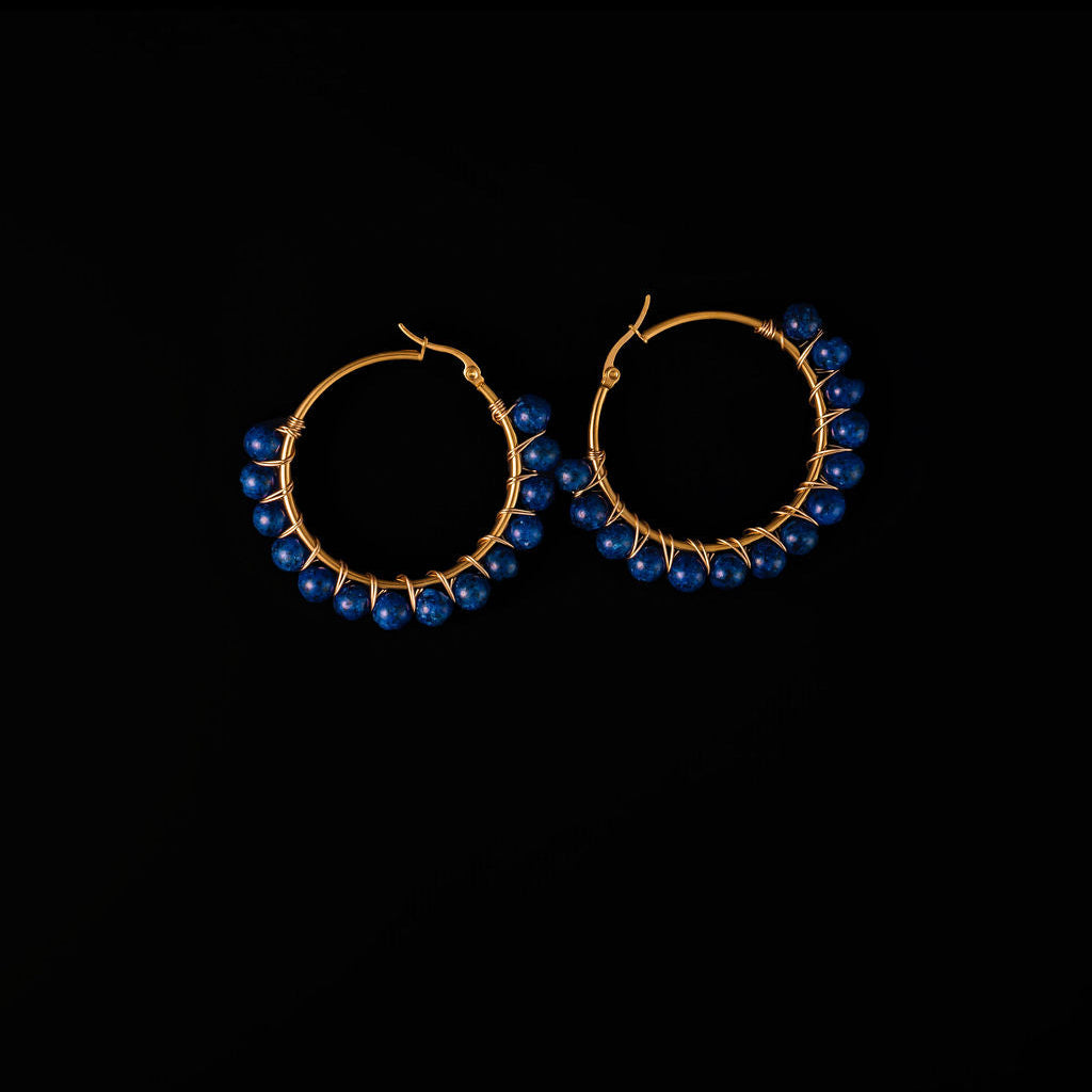 2-inch gold hoop earrings with wire-wrapped lapis beads