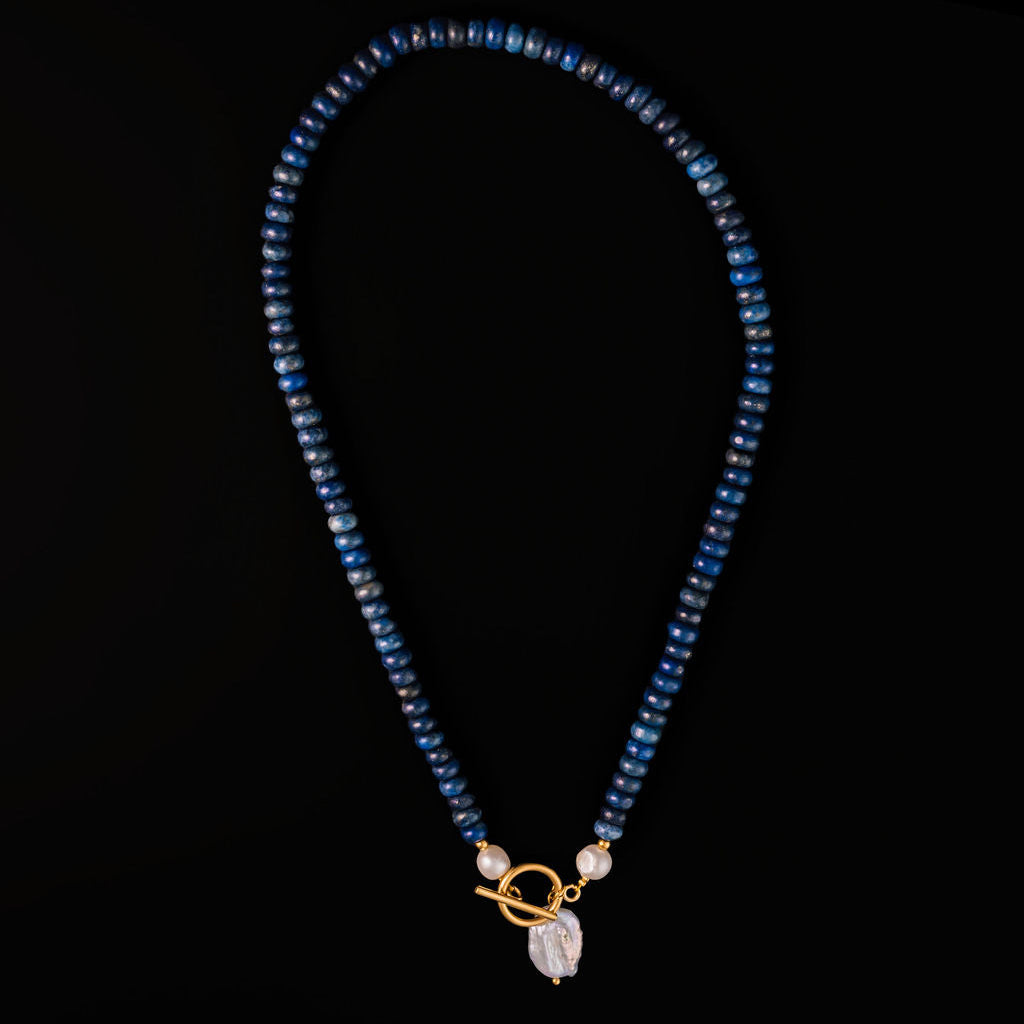 18-inch lapis and pearl beaded necklace with toggle closure
