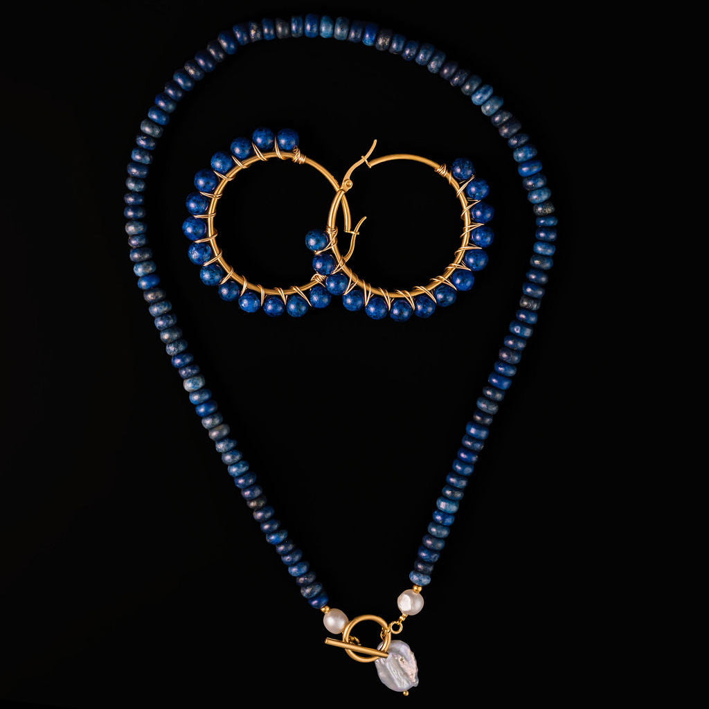 Al Beaded Hoop Earrings in Lapis