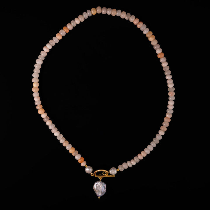 16-inch pink aventurine sunset beaded necklace with pearl and toggle closure