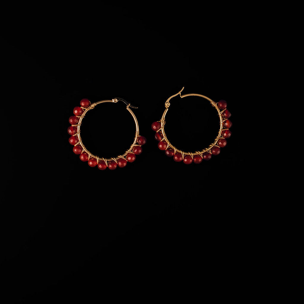  2-inch gold hoop earrings with wire-wrapped red jasper beads
