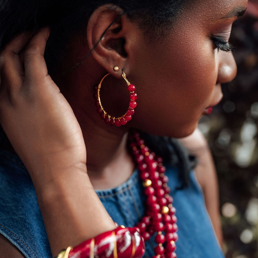 Al Beaded Hoop Earrings in Red Jasper