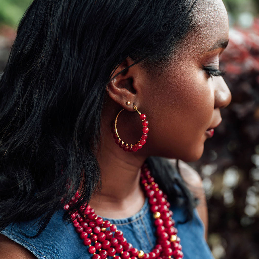 Al Beaded Hoop Earrings in Red Jasper