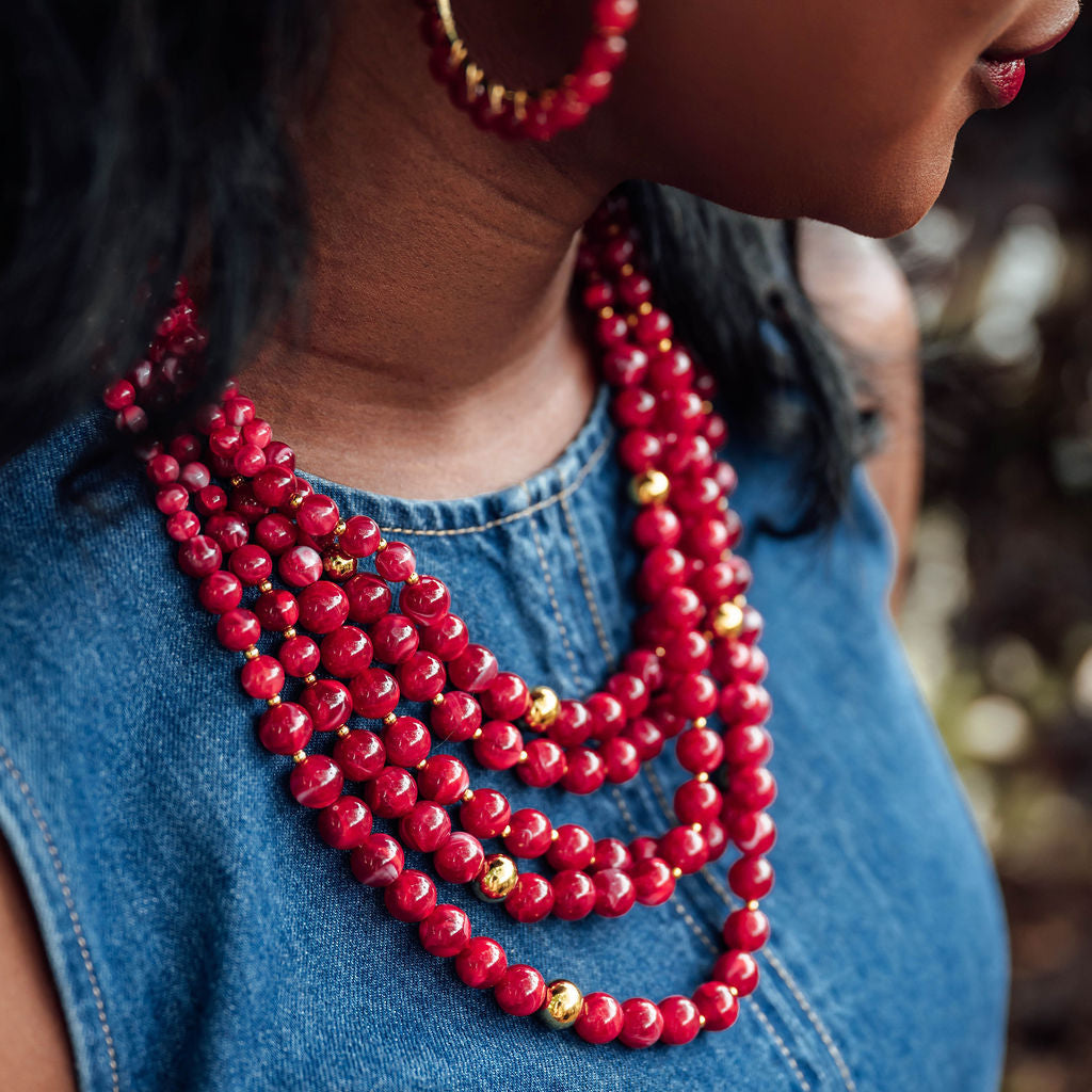 Lineup Layered Beaded Necklace in Red