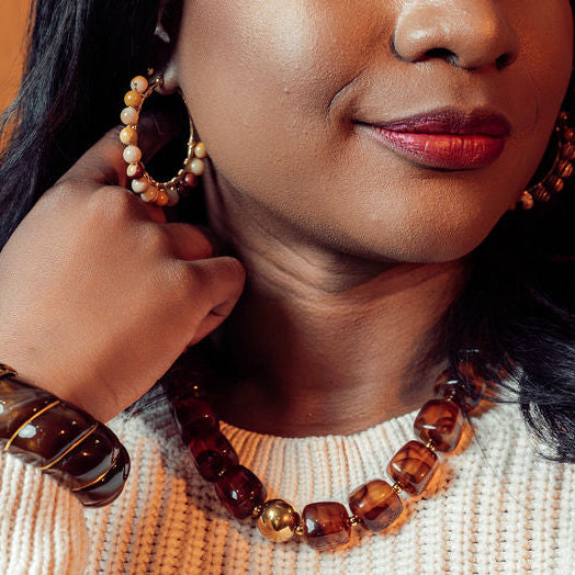 Al Beaded Hoops Earrings in Amber Mookaite