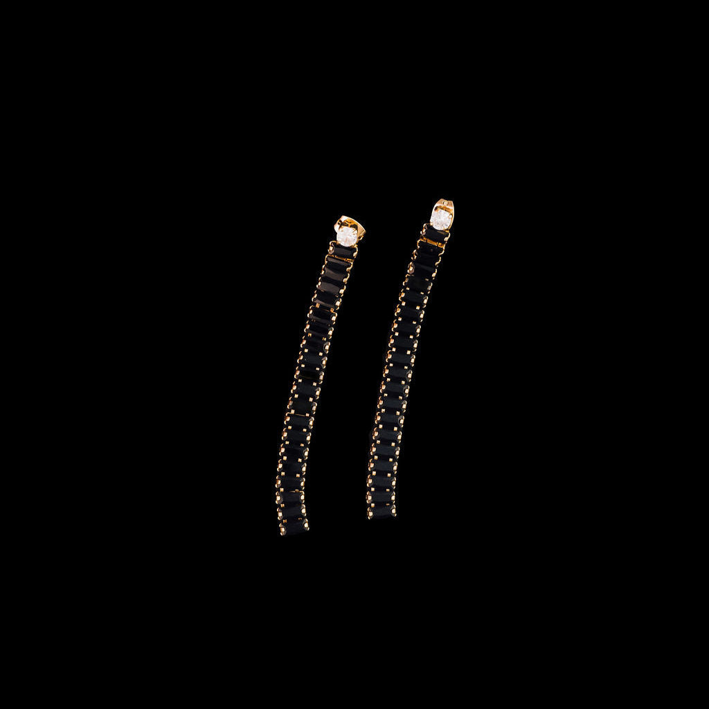 Pair of black earrings on a black background